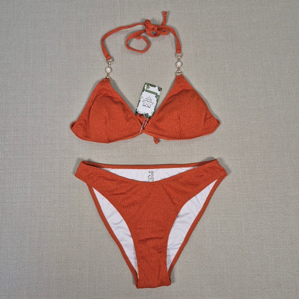 Swimall Womens Orange Textured Pearl Halter Triangle Bikini Set Size M NWT
